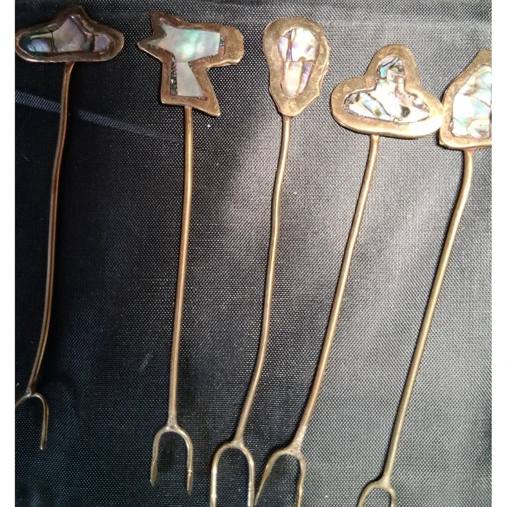 22 Vintage Mexican Alpaca Silver Cocktail Forks/Picks with Abalone Inlay